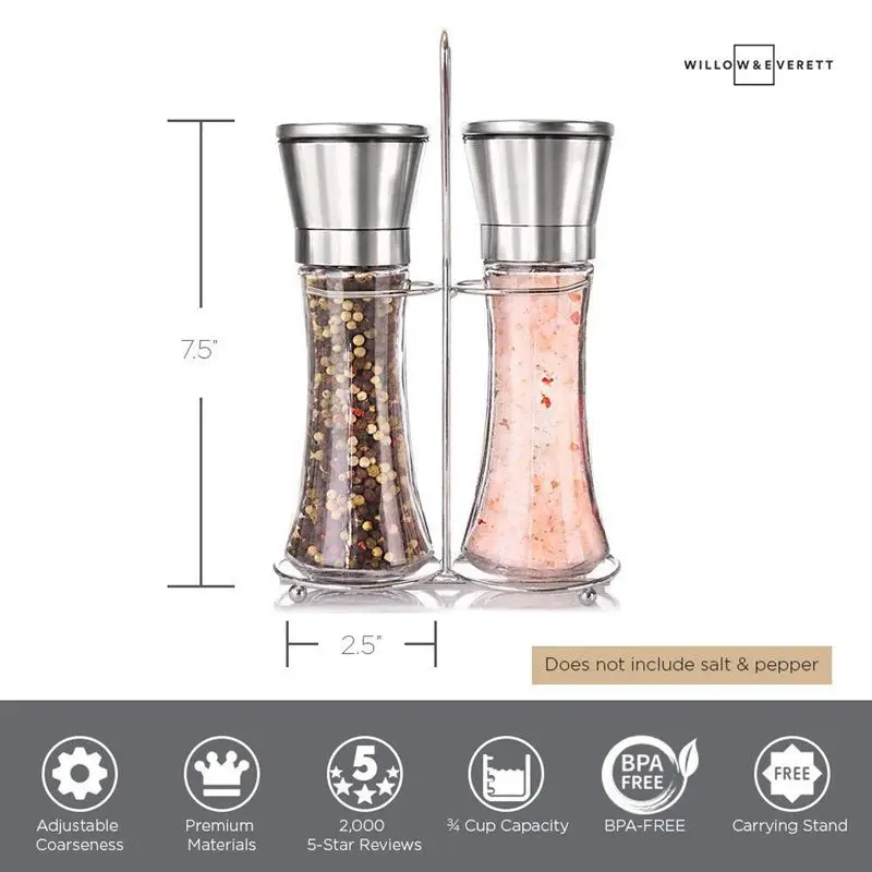

Premium Stainless Steel Salt and Pepper Grinder Set With Stand - Tall Salt and Pepper Shakers with Adjustable Coarseness - Salt