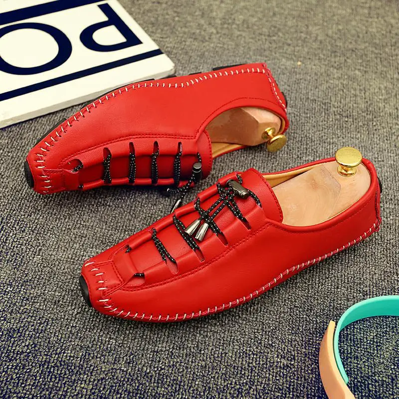 

New Retro Handmade Men Casual Shoes Soft Comfortable Leather Mens Loafers Black Red Brown Moccasin Breathable Driving Shoes