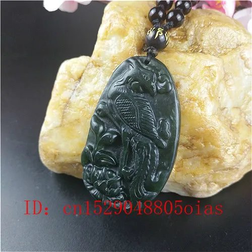 Сертифицированный китайский натуральный черный зеленый нефрит Феникс ожерелье