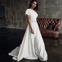 robes de mari%c3%a9e luxury matte soft satin a line wedding dresses one shoulder pearl diamond belt gowns short sleeve tailor made
