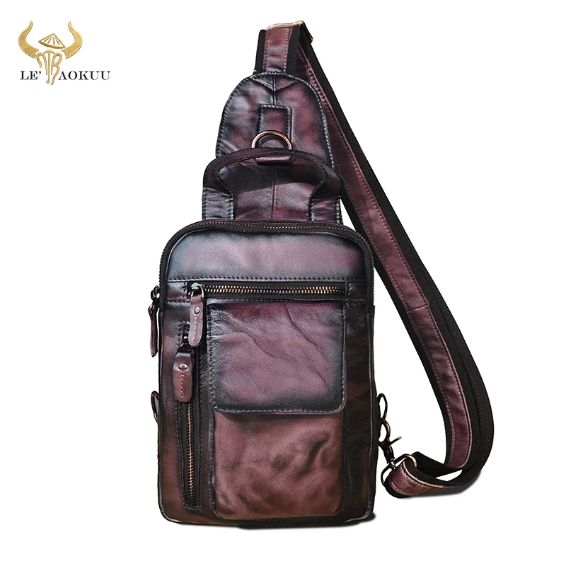 

Original Leather Men Casual Fashion Travel Triangle Chest Sling Bag Design 8" Tablet One Shoulder Strap Bag Daypack Male B574