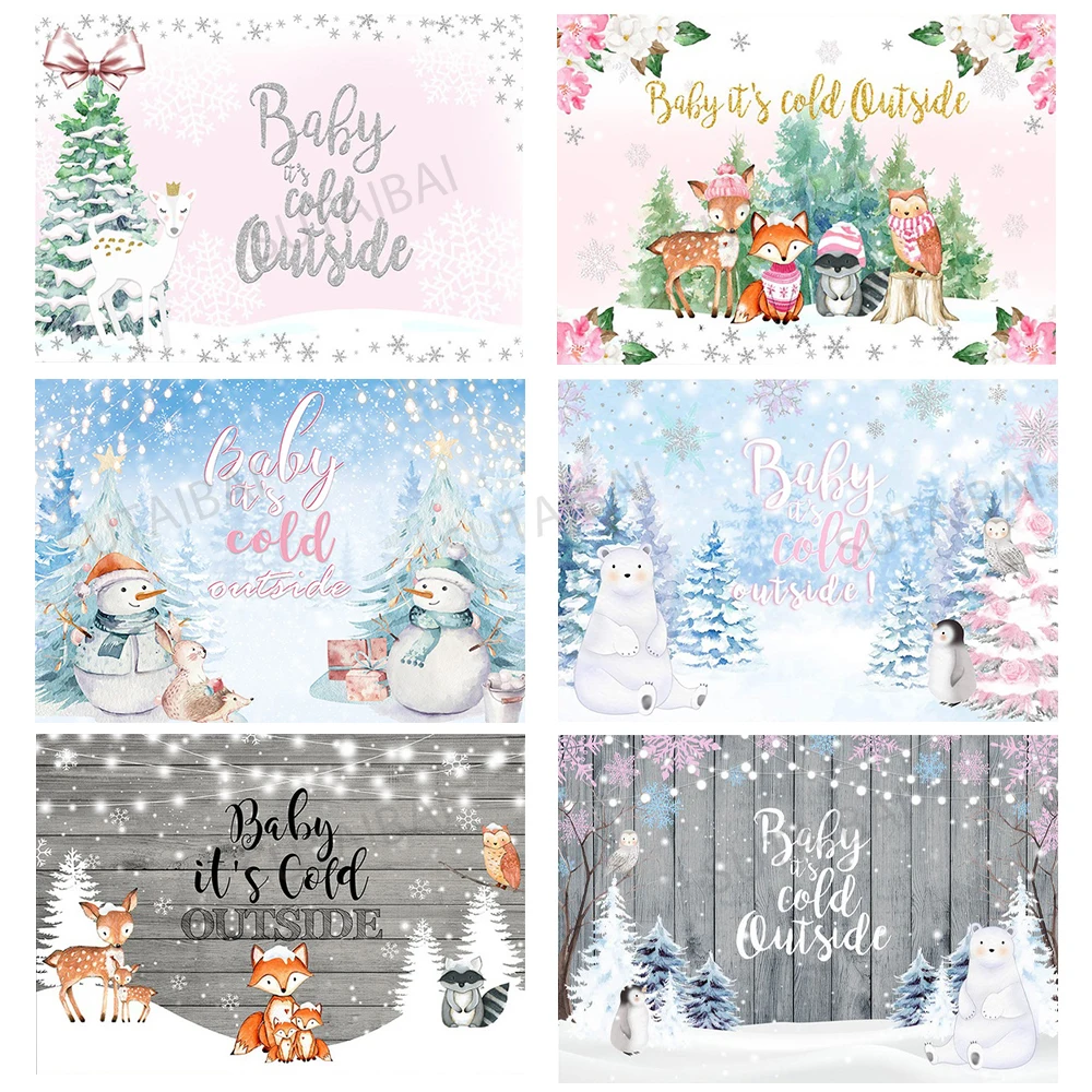 

Winter Snow Wonderland Decorations Backdrop Baby It's Cold Outside Polar Bear Penguin Christmas Party Photography Background