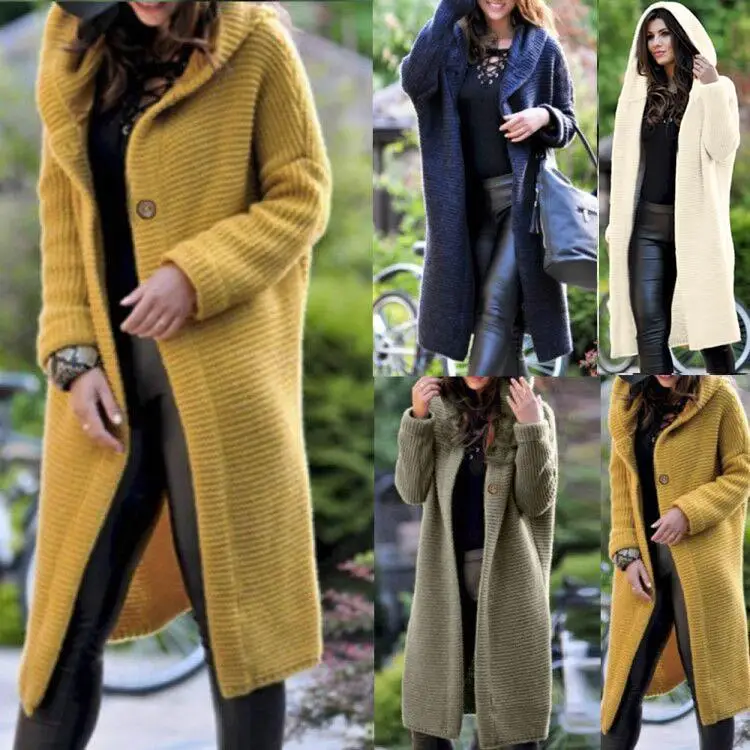 New Fashion Women Casual Hooded Breathable Sweater Knitted Jacket Outwear Button Regular Fit Loose Coat | Женская одежда