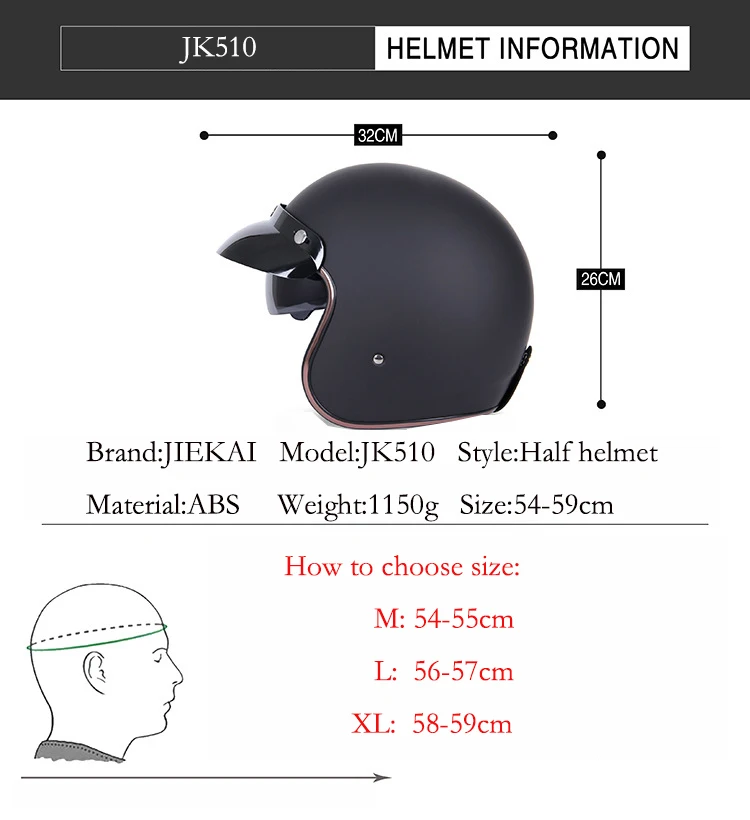 Винтажный мотоциклетный шлем Jiekai для мужчин и женщин с открытым лицом 3/4