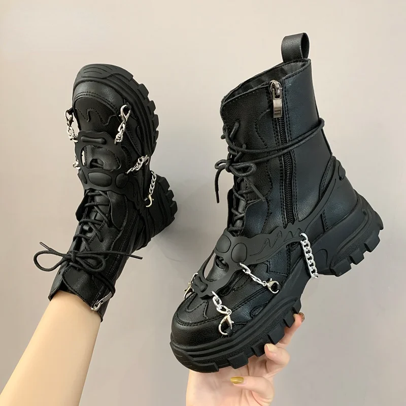 

New 2021 Leather Womens Ladies Ankle Boots Mid Heel Lace Up Worker Army Black Goth Shoes Autumn Sexy Chain High Quality P416