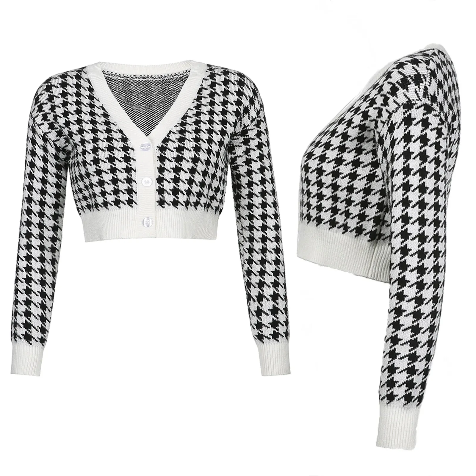 

New Female Crop Top Women s Houndstooth Print V-Neck Long Sleeve Coat Knitted Blouse for Spring Fall S/M/L