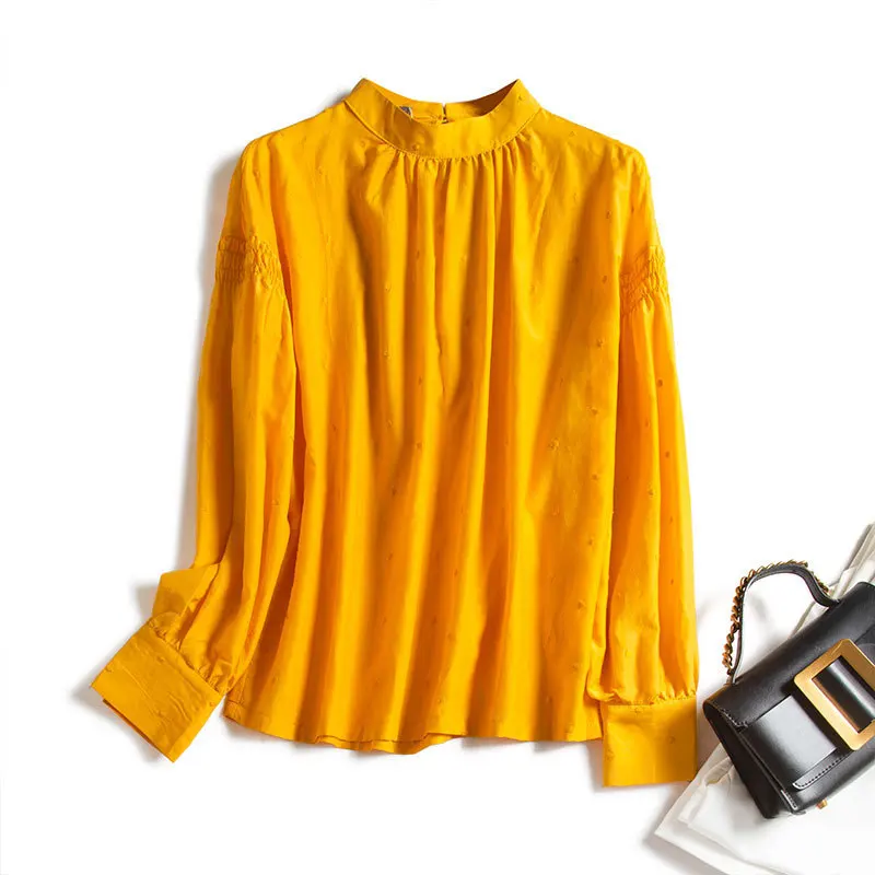 

New Heavy embroidery yellow retro wave point collar show thin silk lantern sleeve C2739 mulberry silk shirt