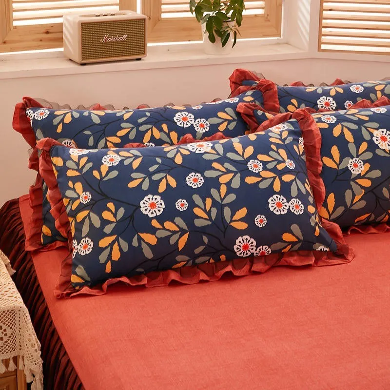 

Home Fashions Romantic Peony Floral Quilt Cover Bedding Set Ruffles Duvet Cover Bedskirt Pillowcases 160X200cm size 4Pcs Bed set