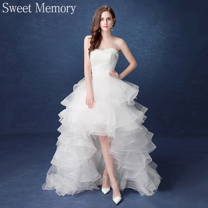 

Sweet Memory 2021 White Strapless Tiered High Low Wedding Dresses for Women Vestido Elegante Bride Dress With Train Femme Robe