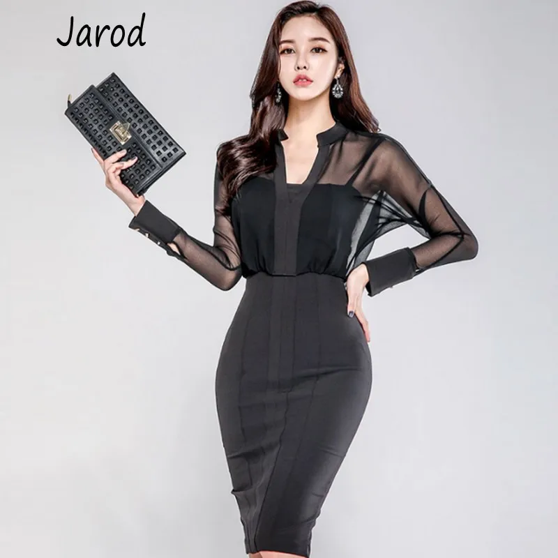 

2020 Elegant Spring female sexy black perspective mesh stitching OL slim bag hip long sleeve Fake two-piece Pencil Dress