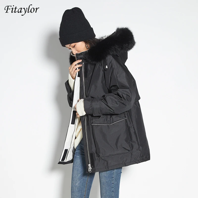 

Fitaylor Winter Natural Raccoon Fur Hooded Jacket Women White Duck Down Coat Waterproof Thick Parka new Windbreak Snow Outerwear