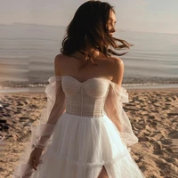 elegant white sweetheart neck and floor skirt mesh puff sleeve chiffon a line backless beaded wedding dress