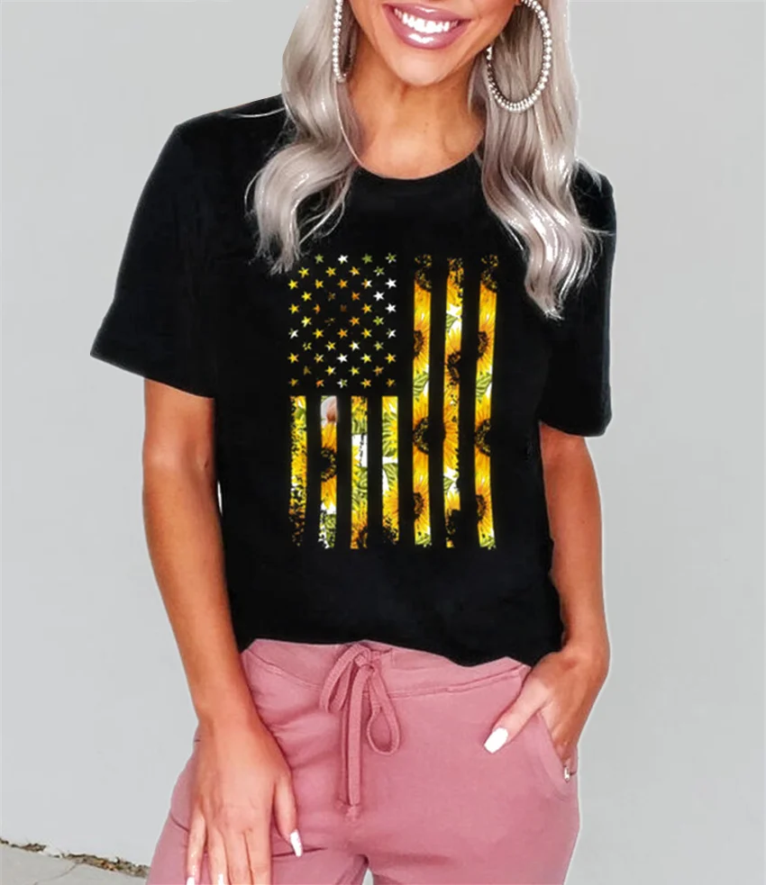 

Black T-shirt Sunflowers Print Tops Tee Women Summer Print T Shirt 2020 Hot Sale Short Sleeve Flowers Top Female Streetwear