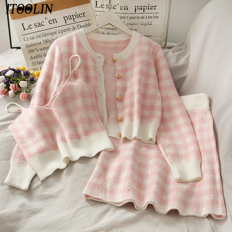 

ITOOLIN Sweet Women Three-Piece Set Plaid Pink Spring Cardigan Sweater Short Strape Camis Two Piece Set + Bodycon Mini Skirt