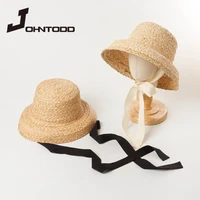 2021 summer children hand knitted raffia retro flat top sun hats outdoor travel sunscreen vacation straw hat with long ribbon
