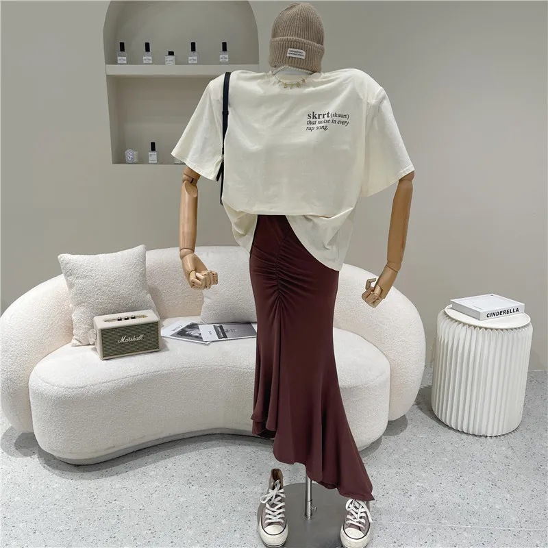 

Two piece set Women's Spring Summer 2021 Fashion Loose short sleeve T-shirt + high waist drop fishtail skirt irregular skirt