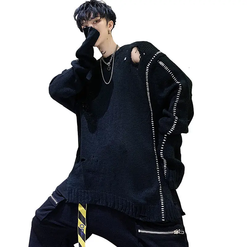 

Dark Personality Popular Logo Fashion Original Broken Hole Design Street Trend Sweater Male Loose Round Collar Pullover Coat