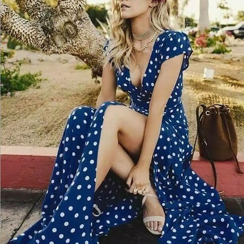 

Boho Long Polka Dot Dresses Women Split Short Sleeve Summer Casual Dress 2020 Streetwear Black Blue Red White Maxi Dress