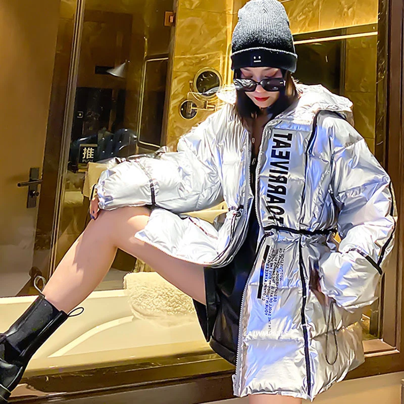 2021 Блестящая Серебристая модная осенне-зимняя одежда пуховик из хлопка Женское