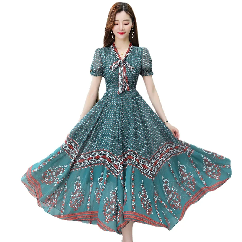 

2021 Summer New Arrival Elegant Hot Sale Plus Size M-3XL Bow Collar Short Sleeve Irregular Women Chiffon Long Dress