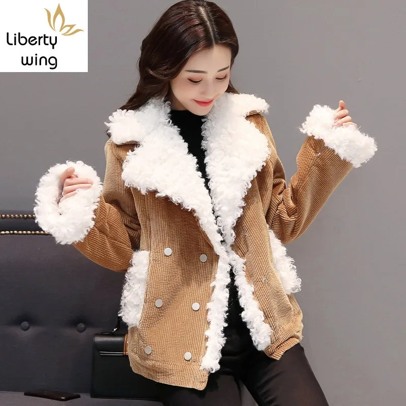 

Fashion Warm Winter Womens Lambswool Corduroy Jackets Preppy Style Long Sleeve Double Breasted Street Female Thick Short Coats