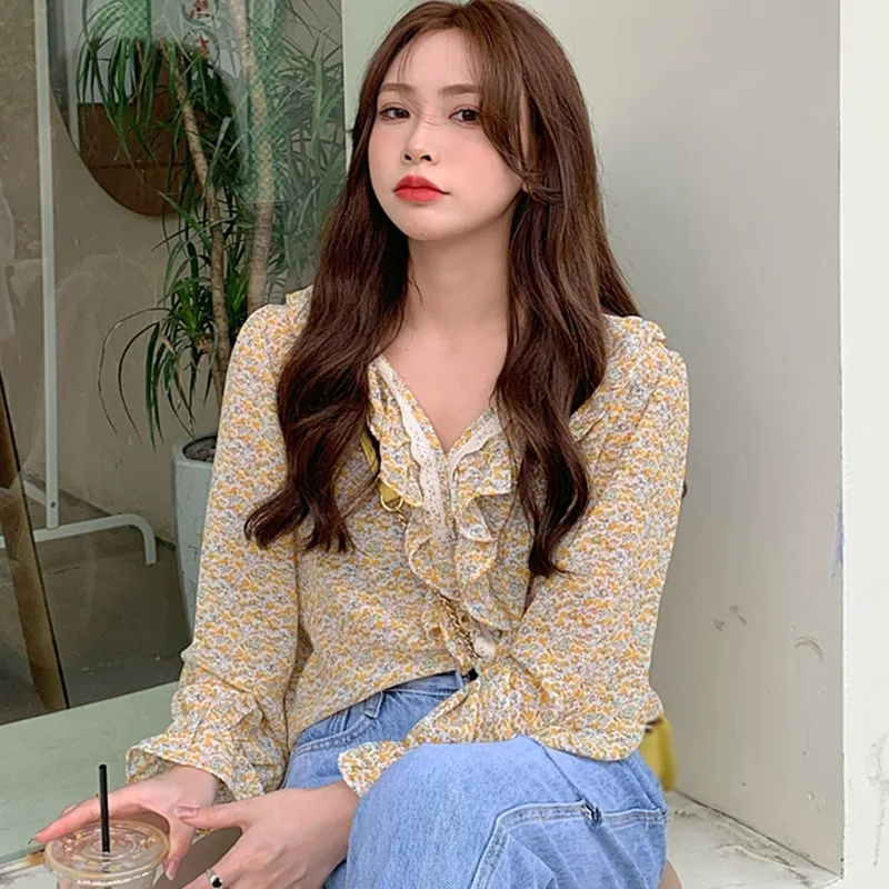 

Jlong Summer Ruffle Shirt Fashion Long Sleeve Tops Women Casual Floral Lace Chiffon Blouse