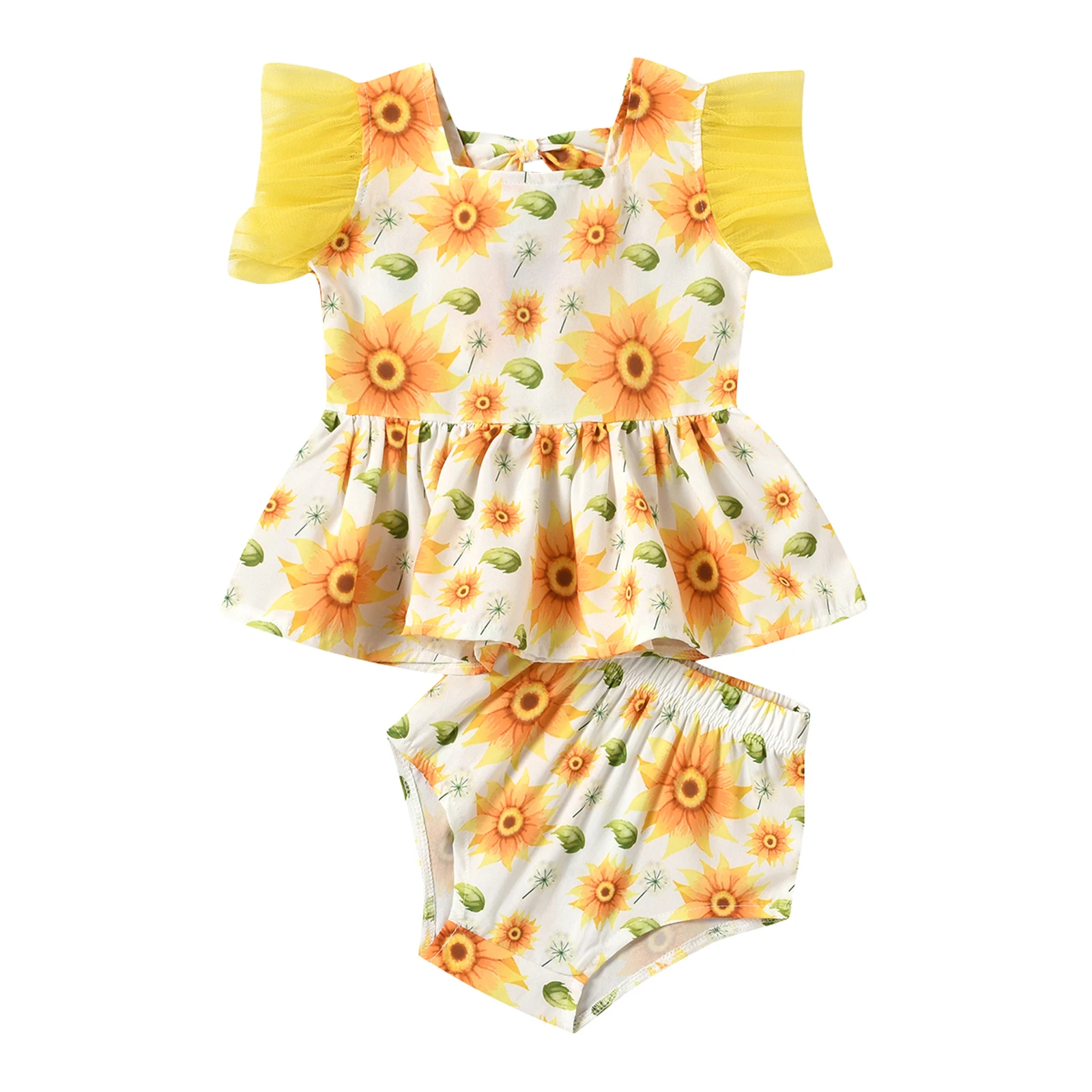 

Костюм с принтом подсолнухов, топ с квадратным воротником и рукавами из газовой ткани + шорты с эластичным поясом