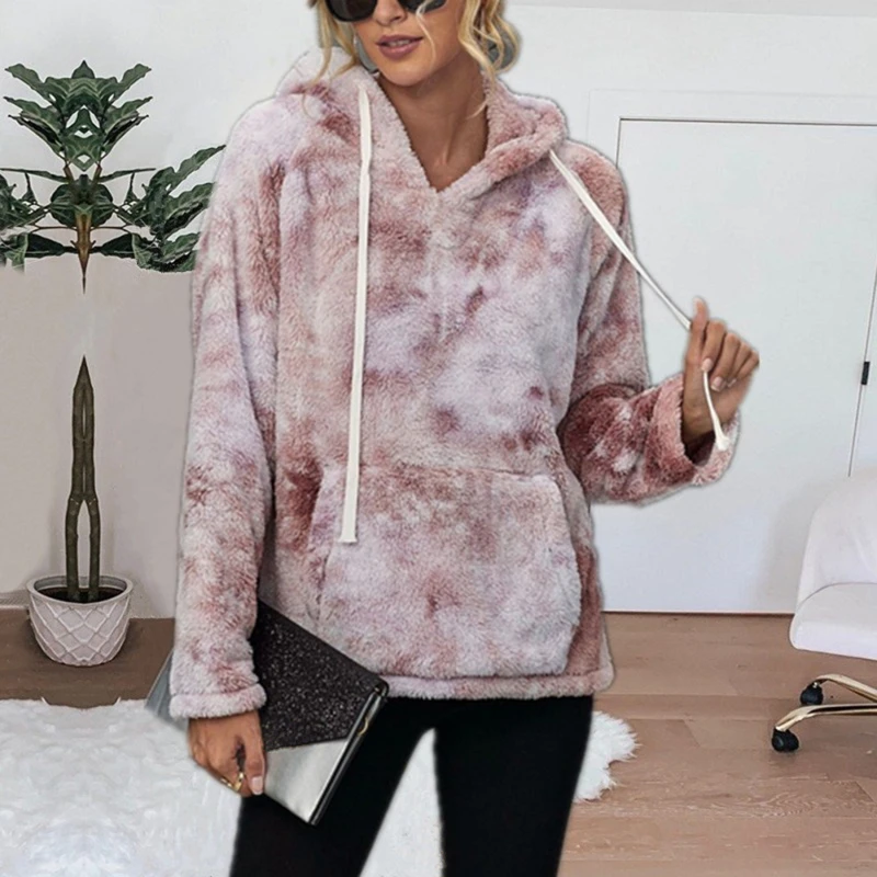 

Winter Leisure Ladies Sweatshirt Fashion Tie Dye Lapel Long Sleeve Plush Warm Hooded Pullover New Ladies Sweatshirt