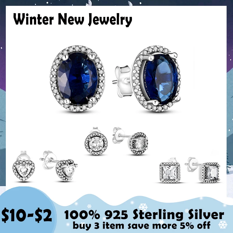 

Winter New Earrings Silver Color Blue Pave Cubic Zircon Round Earrings Stud for Women Wedding Engagement Party Silver Gift