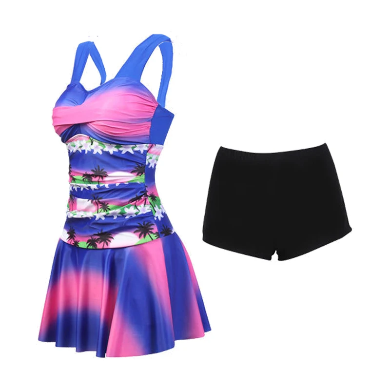 

Women Summer Polyester Swimwear Girl Conservative Split Bikini Gradient Color Hot Spring Dress 2 Piece Swimsuit Beachwear