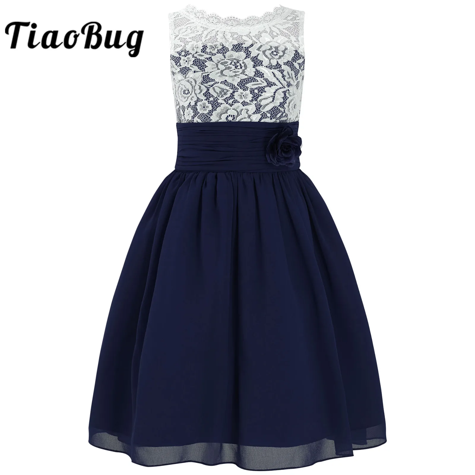 

Lace Patchwork Flower Girls Dress Chiffon Pleated Waist Kids Dresses Childrens Pageant Dress Wedding Party Dress Formal Clothes