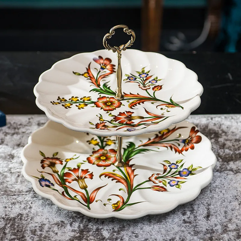 

Nordic Retro Creative Ceramic Flower Tableware Home Buffet Fruit Display Plate Dessert Snack Plate Two Layers