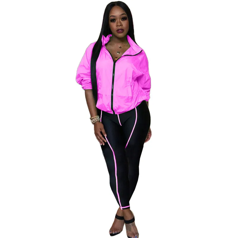 Adogirl флуоресцентный зеленый женский спортивный костюм Athleisure комплект из двух предметов со стоячим воротником куртка с длинными рукавами пальто узкие брюки спортивная одежда