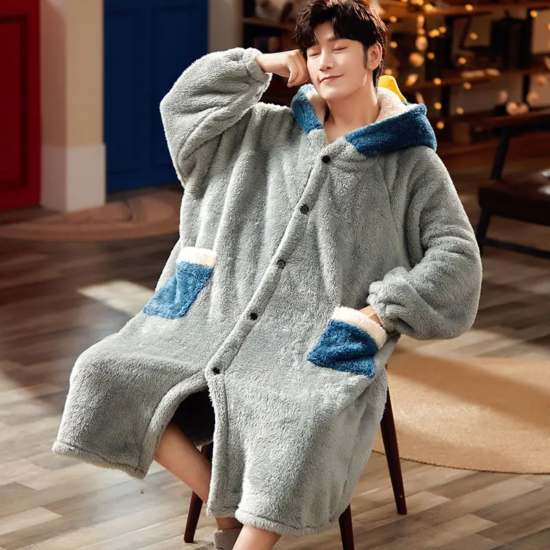 SOUGEN Pajamas for Men Bow Hooded Sleepwear Blue Coral Fleece Men Home Clothes Winter Lounge Cartoon Duck Pijama Men Thick Robe