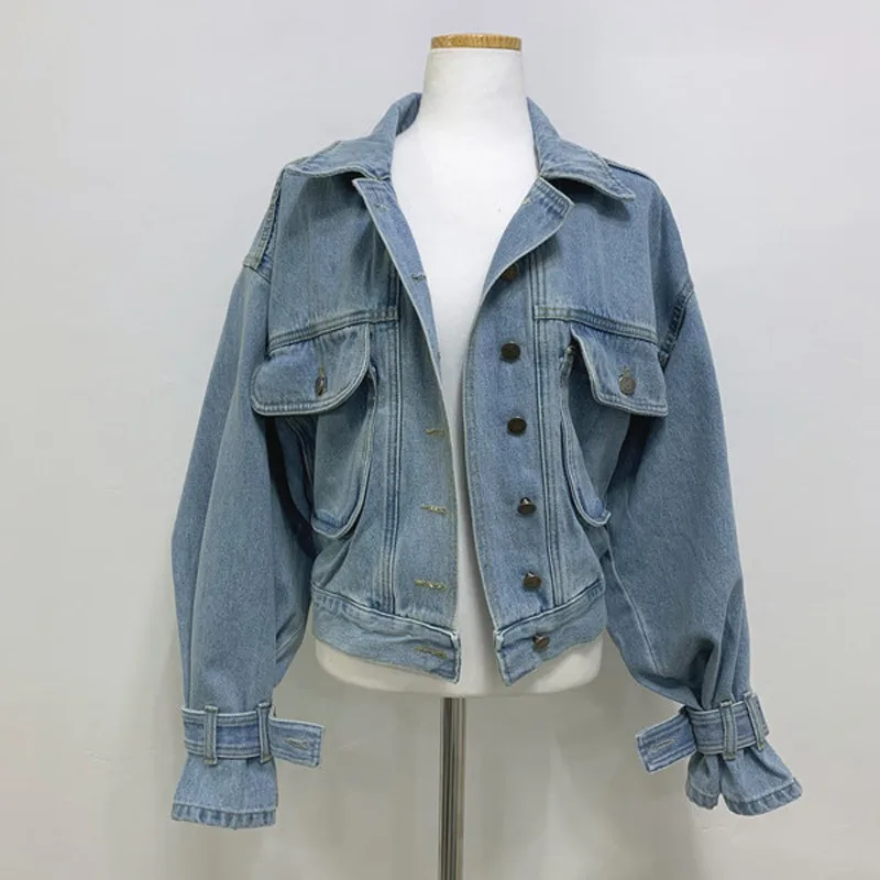 

CBAFU Vintage Denim Jacket Women Turn Down Collar Long Sleeve Single Breasted Boyfriend Jackets Coat Korean Blue Outerwear F455