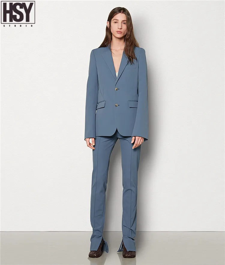 【HSY】 осенние новые женские костюмы высокого качества манжеты разрезы на заказ ремень камвольная ткань синий Повседневный Блейзер комплект Портной брюки костюм