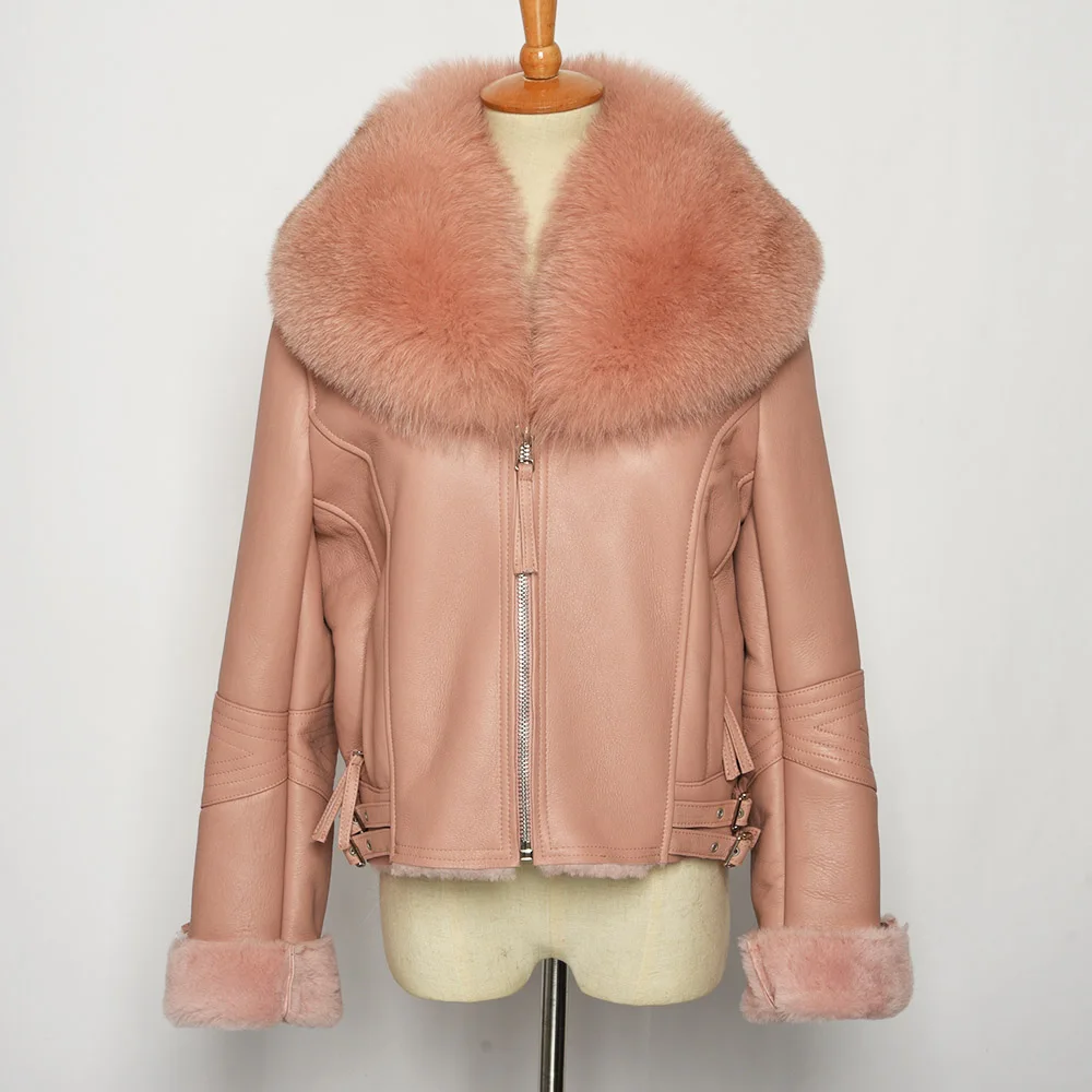 Pink Женские куртки из натуральной овчины с воротником из натурального Лисьего меха, зимние женские пальто из овчины S7559 - Цвет: Pink