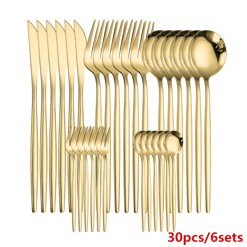 Juego de cubiertos dorados de acero inoxidable, cuchillos dorados, tenedores, cucharas, vajilla de cocina, 30 piezas, env&iacute;o directo-0