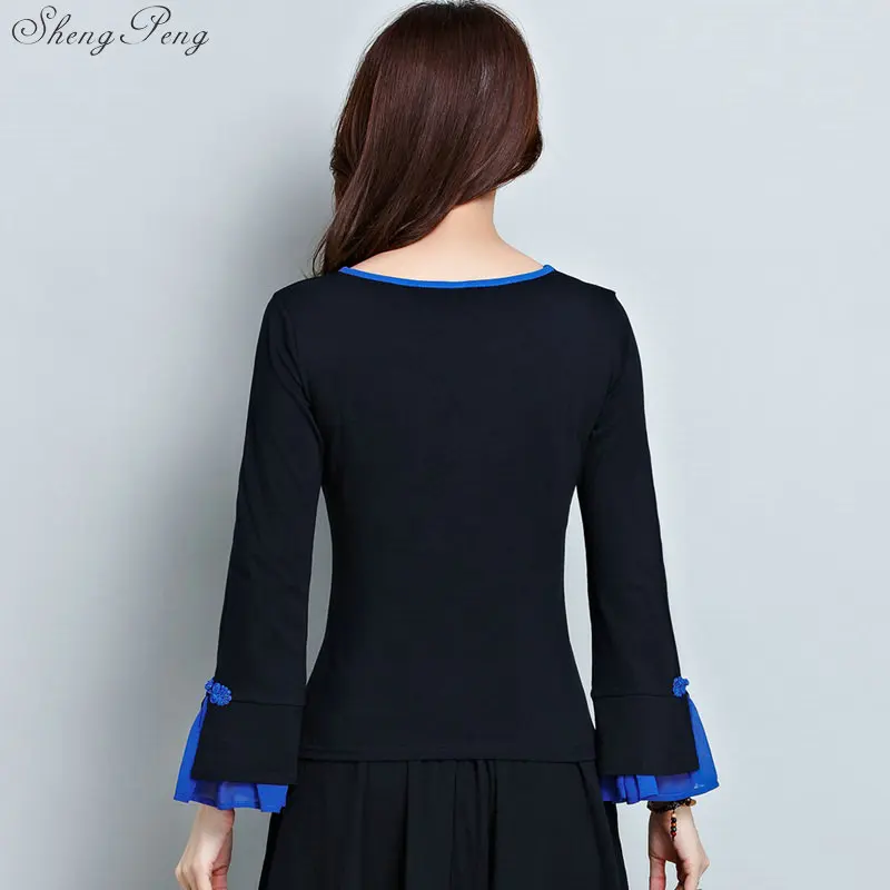 Одежда в китайском стиле женская черная вышивка фольклор винтажная рубашка