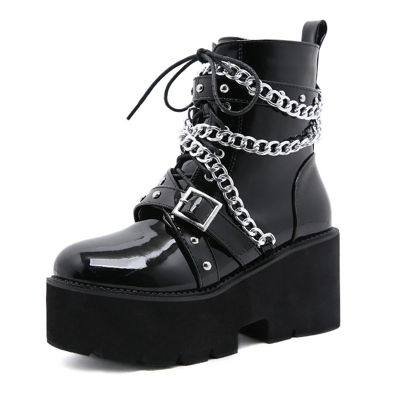 

Metal Chain Fashion Women's Boots Punk Style Black Round Toe Martin Boots Patent Leather Platform Ankle Boots for Women Shoes