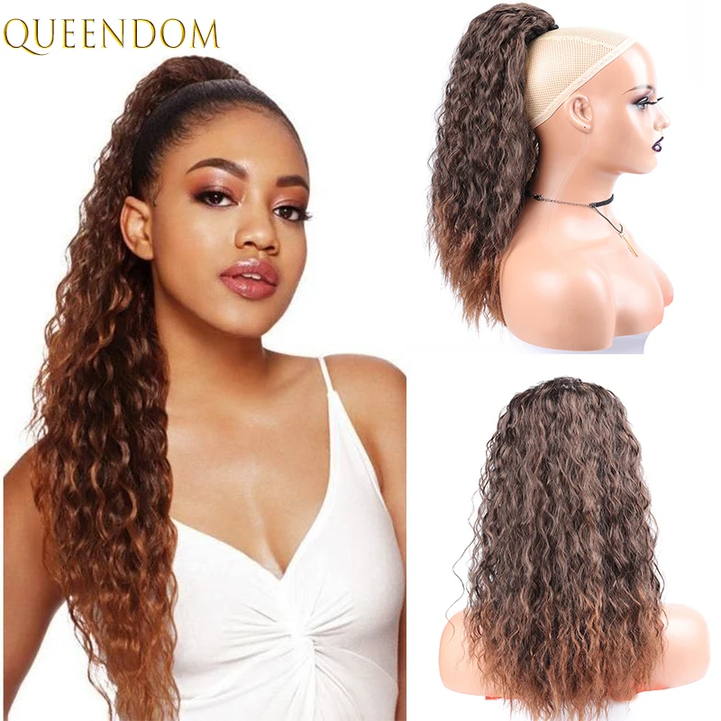 

18 Inch Kinky Curly Ponytails Wigs for Women Synthetic Ombre Brown Blonde Drawstring Ponytail Hair Extensions Clip In Pony Tail