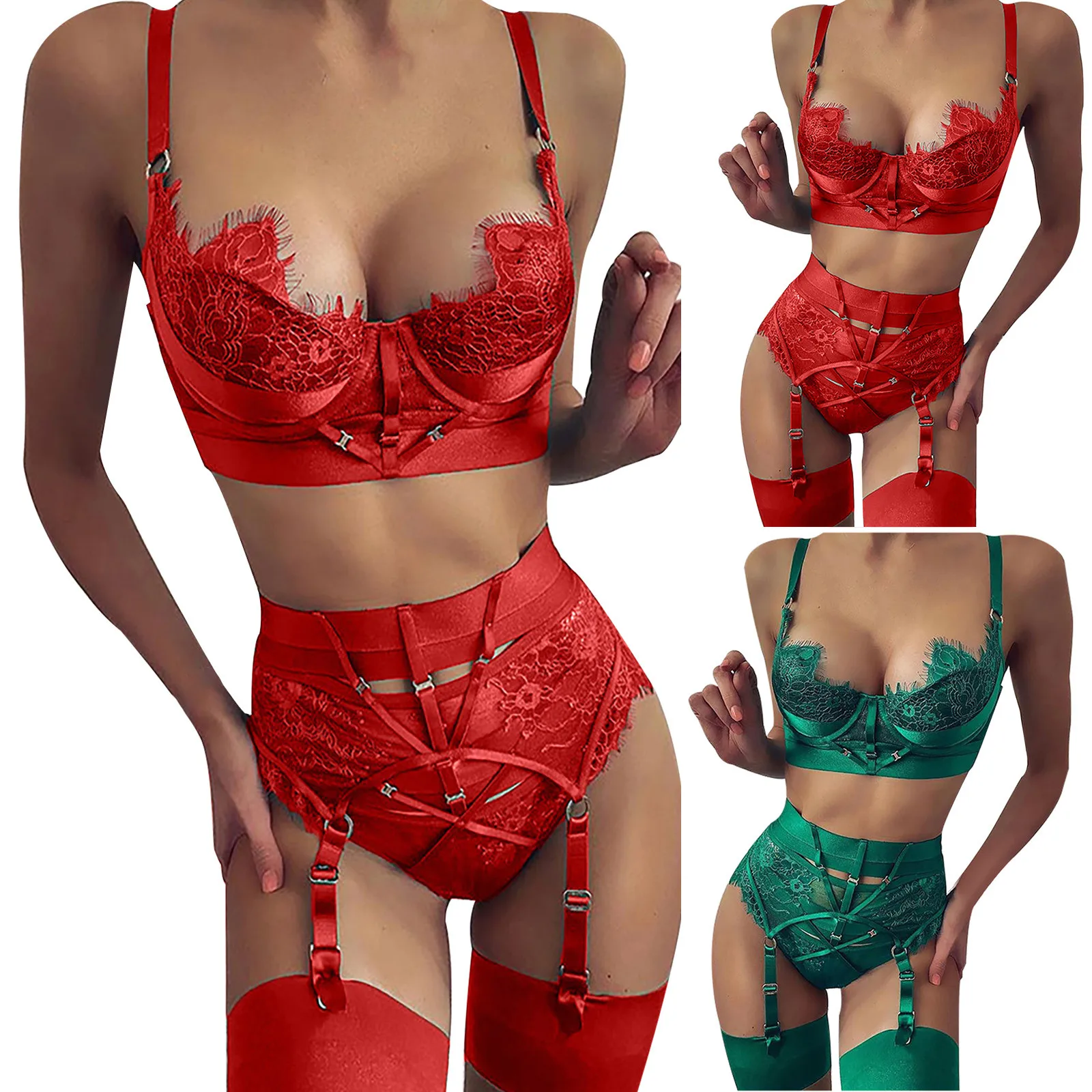 

New Red Sexy Lingerie Set Women Bra Push Up Brassiere Black Gather Lace Stitching Sexy Temptation Lace Lingerie Pajamas