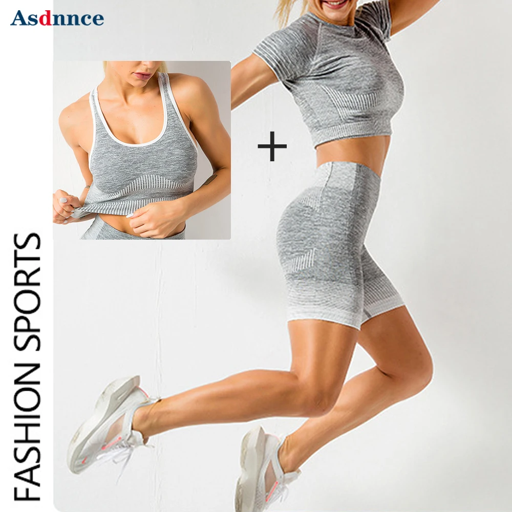 

Модная одежда для бега и фитнеса в полоску, леггинсы с высокой талией, ударопрочный спортивный бюстгальтер, тонкая эластичная рубашка, бесш...