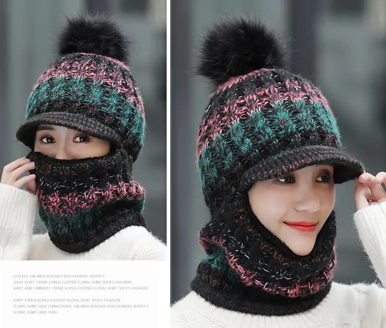 2019 женская зимняя вязаная шапочка красочные наушники шляпы с окантовкой мех pom