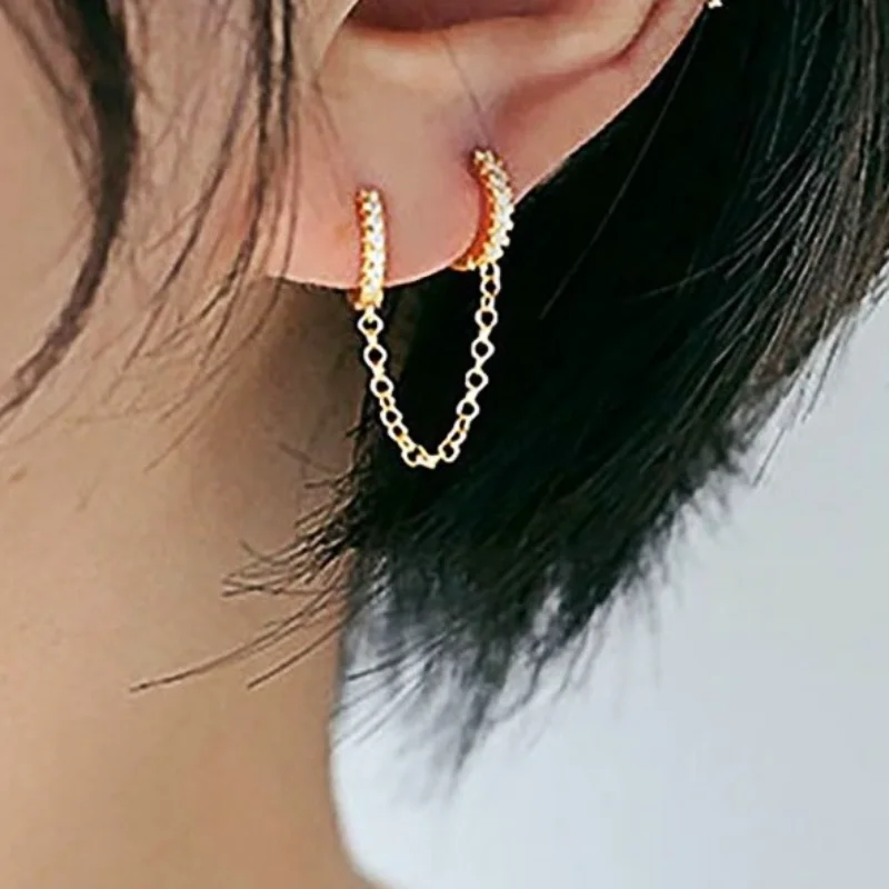 

New Exquisite Fashion Ladies Long Chain European And American Zircon Double Pierced One-piece Ladies Earrings