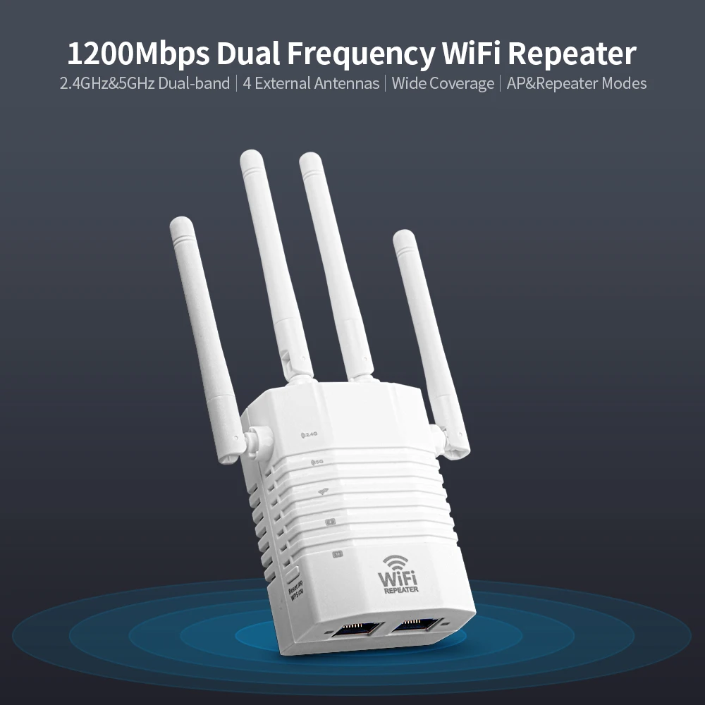 

1200Mbps WiFi Repeater WiFi Signal Amplifier 2.4GHz 5GHz Dual Frequency Wireless Signal Booster with 4 Antennas White EU PLug