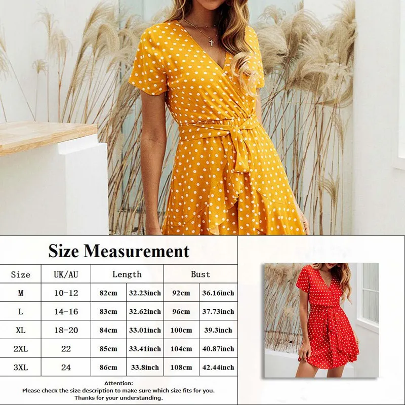 

2020 New Fashion Summer Dress Ladies And Girls Boho Polka Do Wave Pattern Ruffled Cross V-neck Tie Rope Waist Dress