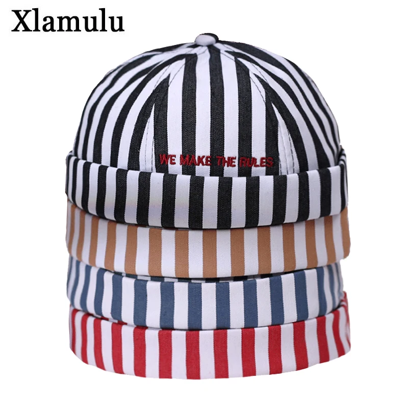 

Stylish Stripe Cotton Skullcap Sailor Cap Rolled Cuff Retro Brimless Beanie Hat Women's Beanie Harbour Hat Hip Hop Docker Cap