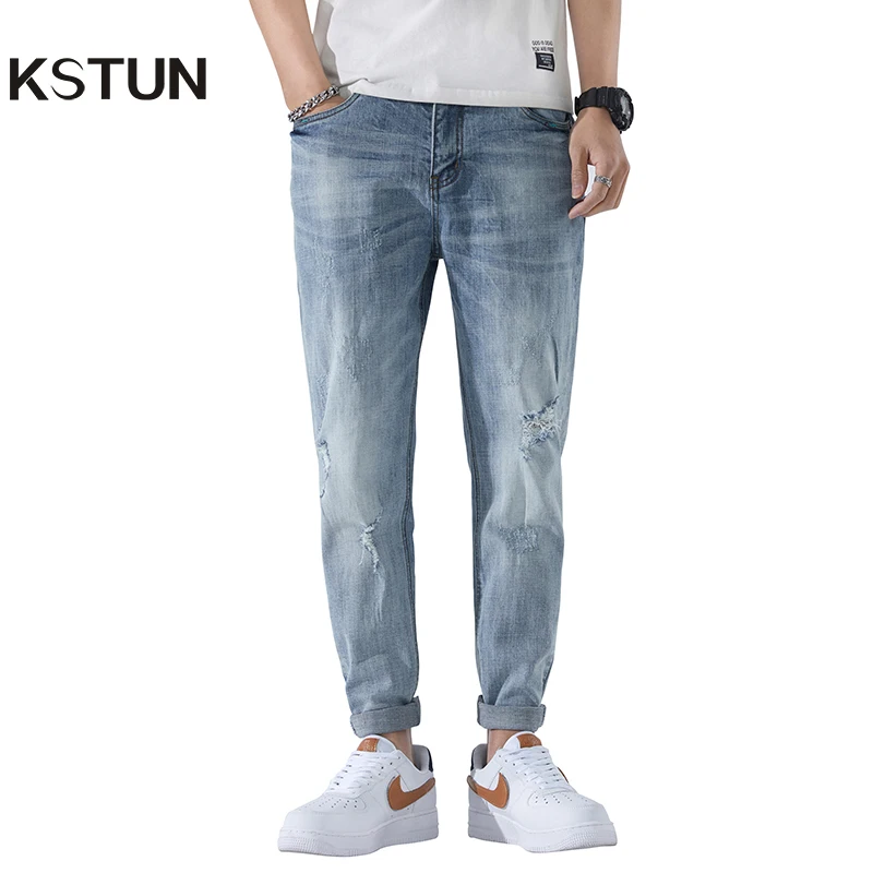 

Distressed Jeans Men Light Blue Stretch Slim Fit Harem Pants Biker Jeans Ripped Hip Hop Denim Trousers Branded Men's Clothing