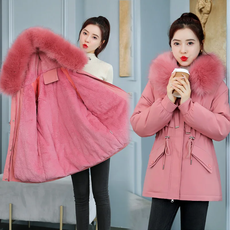 

new short Parkas Ladies Fur Lining Warm Jacket Hooded Snow Wear Clothing Women Slim Fashion Coat Lady